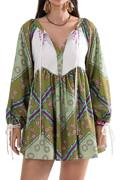 Boho Floral Patchwork Tie Neck Bishop Sleeve Vacation Babydoll Mini Dress