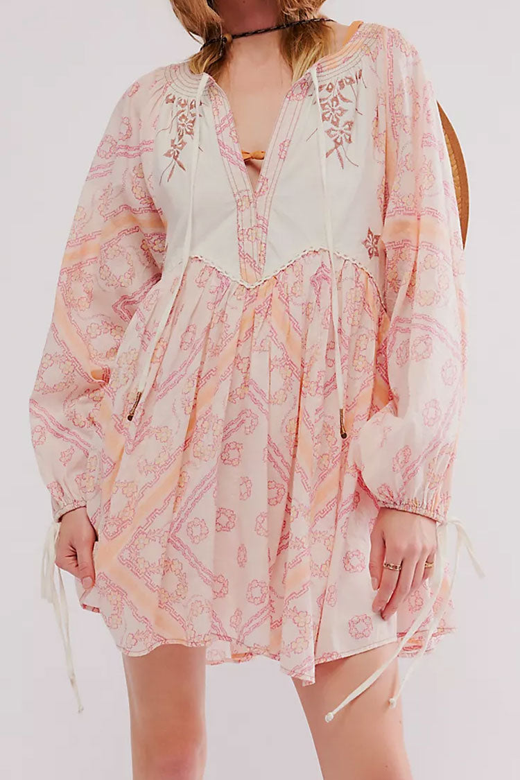 Boho Floral Patchwork Tie Neck Bishop Sleeve Vacation Babydoll Mini Dress