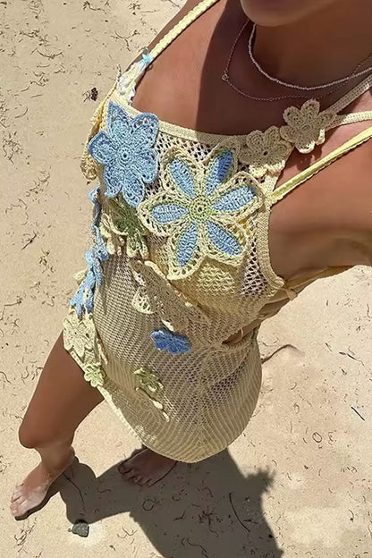 Boho One Shoulder Lace Up Backless Floral Crochet Knit Mini Dress