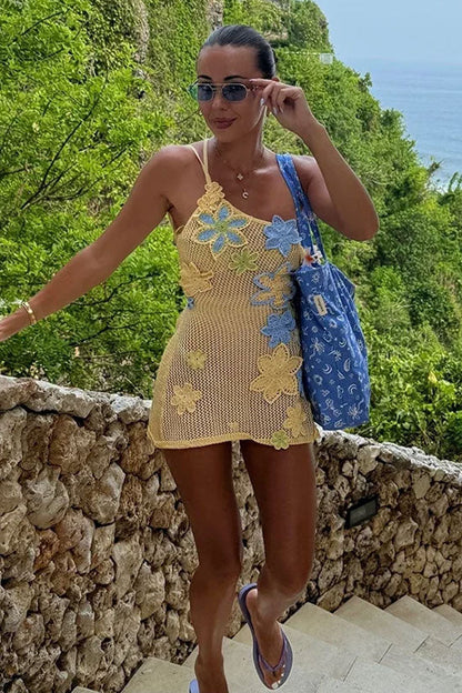 Boho One Shoulder Lace Up Backless Floral Crochet Knit Mini Dress