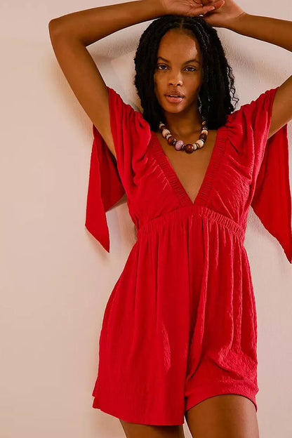 Boho Scrunch Deep V Empire Waist Short Sleeve Crinkled Summer Romper