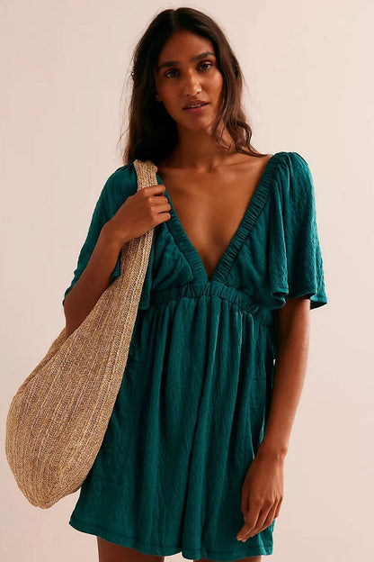 Boho Scrunch Deep V Empire Waist Short Sleeve Crinkled Summer Romper