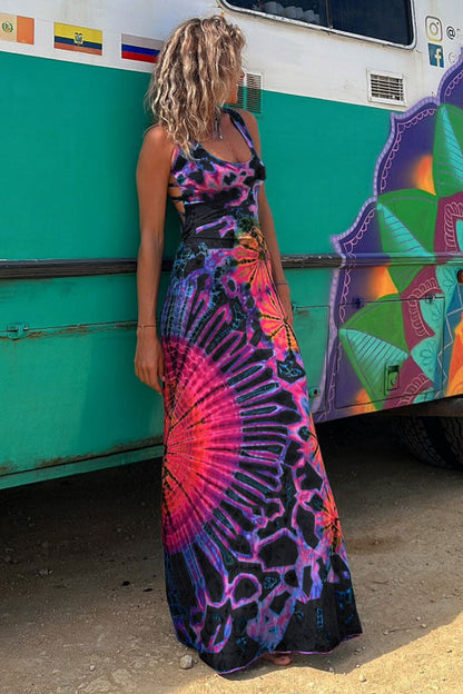 Boho Tie Dye Print Scoop Neck Strappy Cross Back Vacation Maxi Sundress