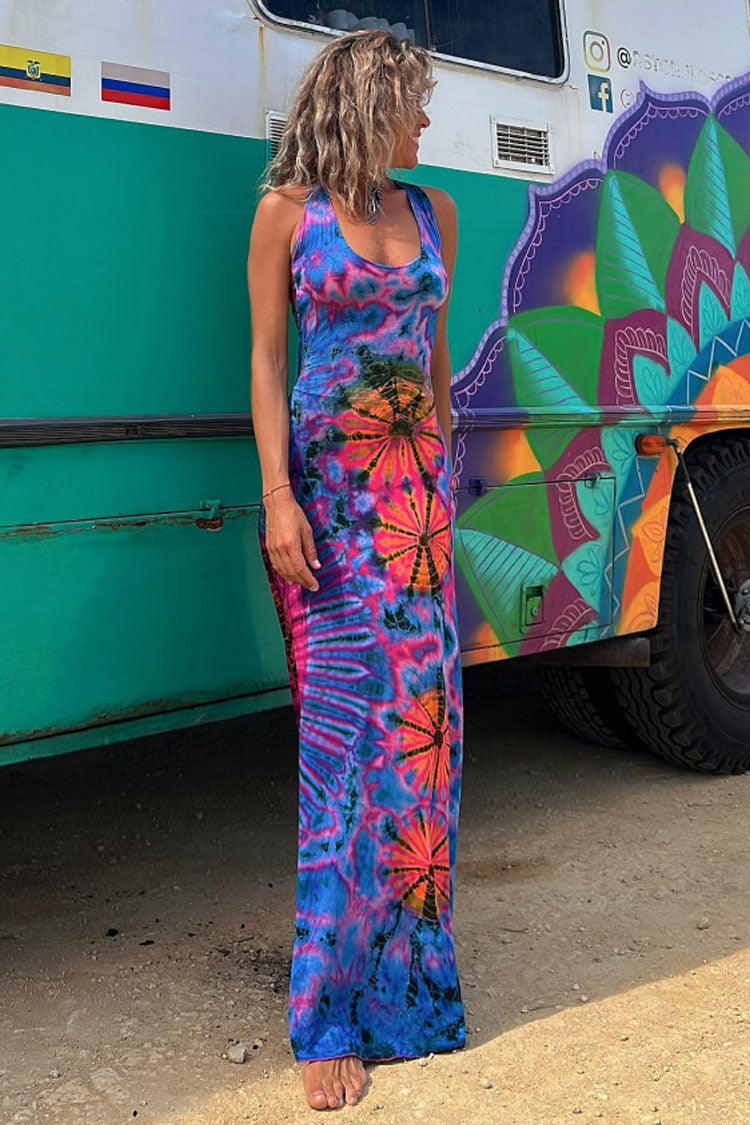 Boho Tie Dye Print Scoop Neck Strappy Cross Back Vacation Maxi Sundress