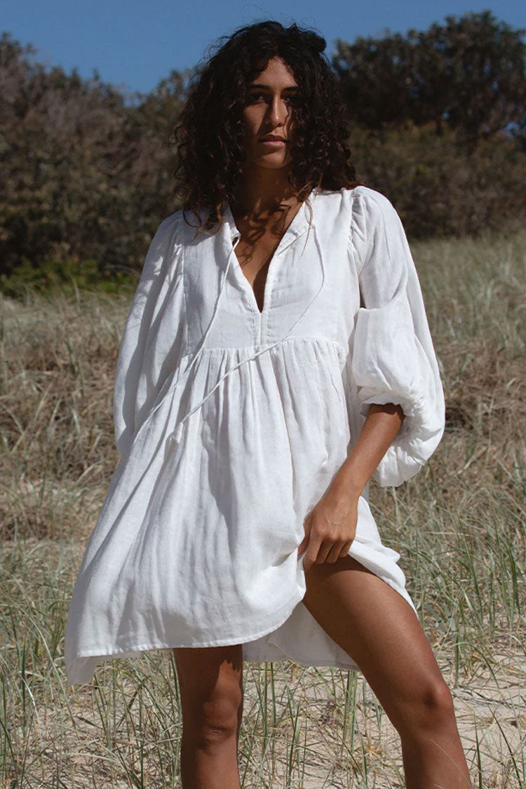 Boho Tie Neck Balloon Sleeve Linen Blend Babydoll Beach Vacation Mini Dress