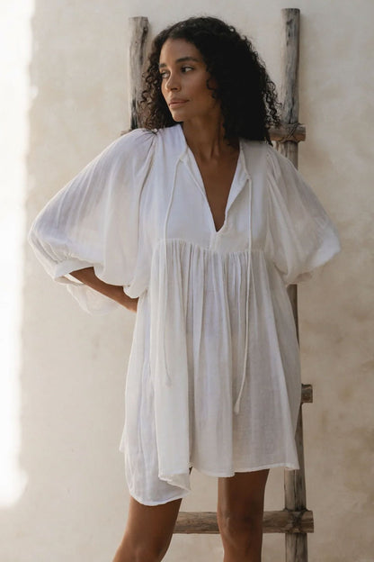 Boho Tie Neck Balloon Sleeve Linen Blend Babydoll Beach Vacation Mini Dress