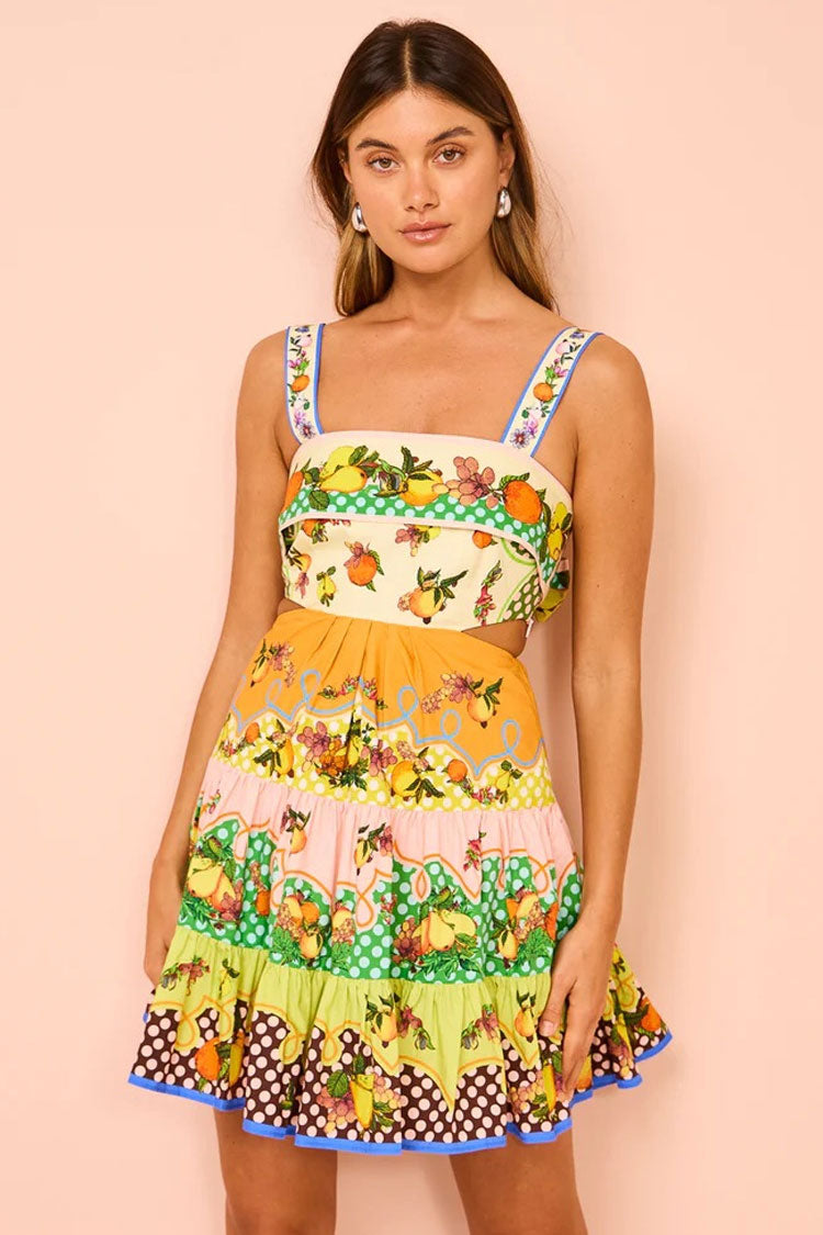Breezy Fruit Print Square Neck Bow Tie Cutout Tiered Vacation Mini Sundress