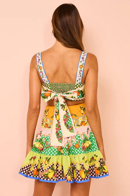 Breezy Fruit Print Square Neck Bow Tie Cutout Tiered Vacation Mini Sundress