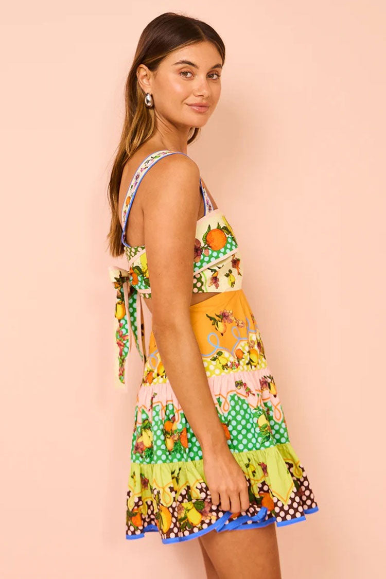 Breezy Fruit Print Square Neck Bow Tie Cutout Tiered Vacation Mini Sundress