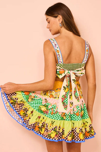 Breezy Fruit Print Square Neck Bow Tie Cutout Tiered Vacation Mini Sundress