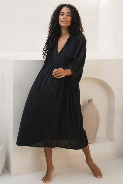 Breezy Tie Neck Balloon Sleeve Cotton Linen Babydoll Beach Vacation Midi Dress