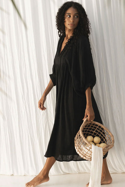 Breezy Tie Neck Balloon Sleeve Cotton Linen Babydoll Beach Vacation Midi Dress