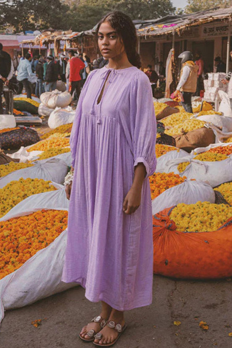 Breezy Tie Neck Balloon Sleeve Cotton Linen Babydoll Beach Vacation Midi Dress