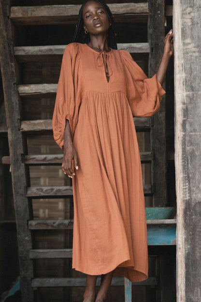 Breezy Tie Neck Balloon Sleeve Cotton Linen Babydoll Beach Vacation Midi Dress