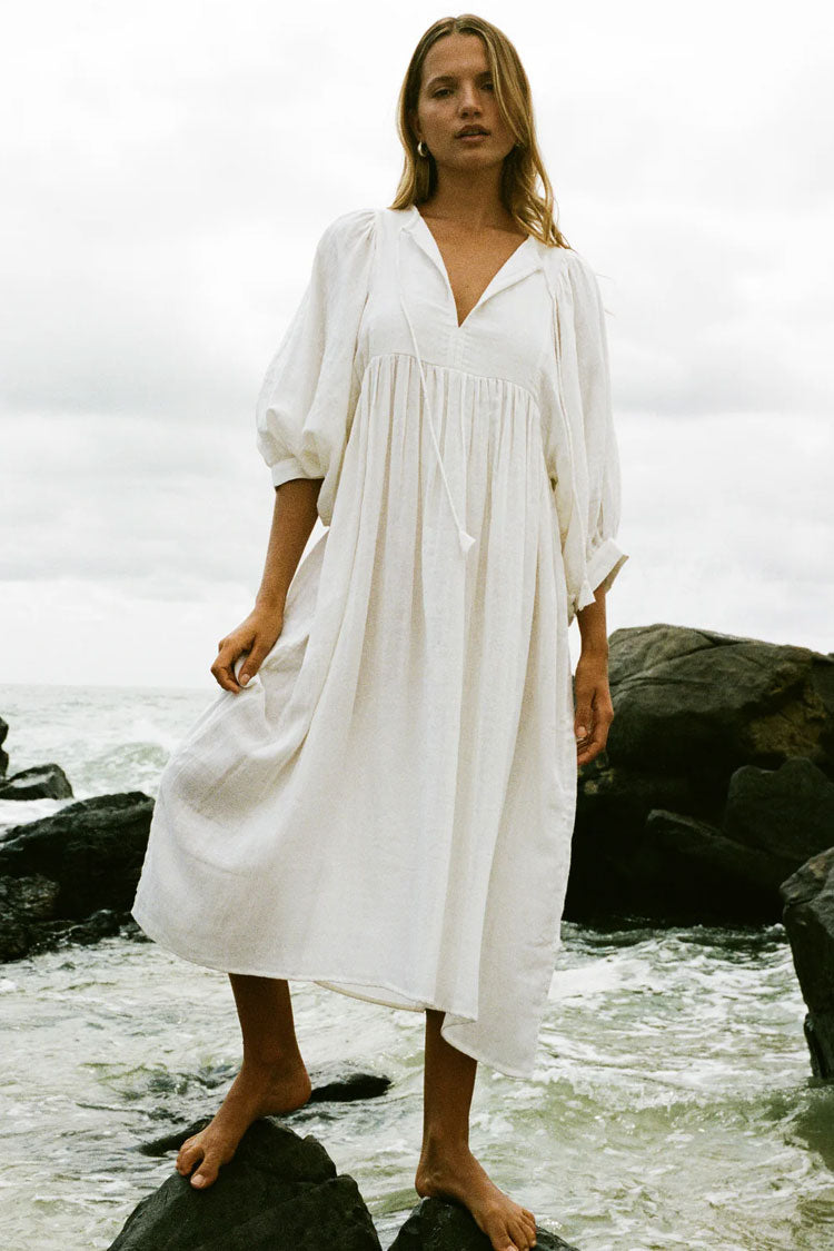 Breezy Tie Neck Balloon Sleeve Cotton Linen Babydoll Beach Vacation Midi Dress
