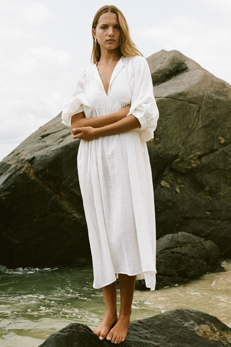 Breezy Tie Neck Balloon Sleeve Cotton Linen Babydoll Beach Vacation Midi Dress