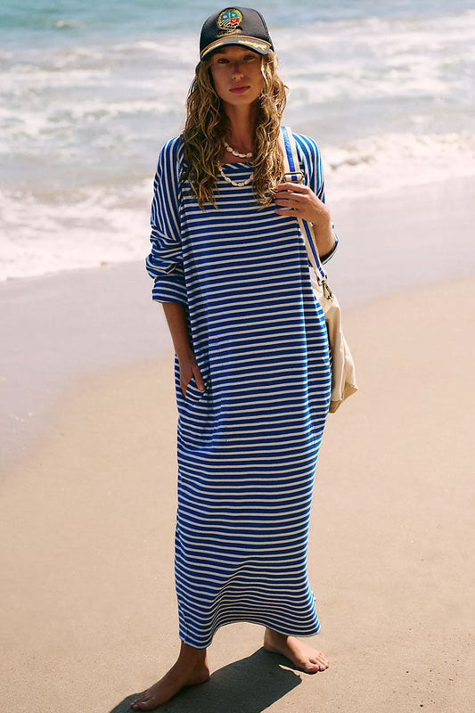 Casual Breton Striped Raglan Sleeve Oversized Summer Midi T Shirt Dress