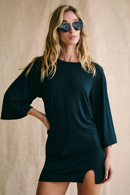 Casual Crew Neck 3/4 Sleeve Oversized Split Summer Mini T Shirt Dress