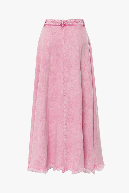 Casual High Waist Pleated Frayed Hem A Line Washed Denim Maxi Skirt