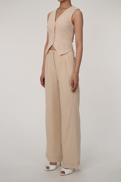 Casual V Neck Button Up Vest Wide Leg Two Piece Cotton Pleated Pants Set