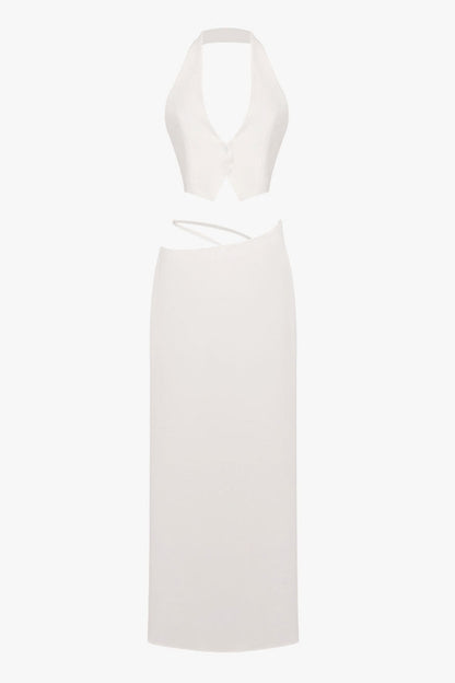 Chic Backless Halter Tailored Vest Cutout Crepe Skirt Two Piece Maxi Dress