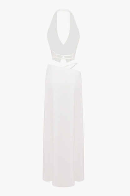 Chic Backless Halter Tailored Vest Cutout Crepe Skirt Two Piece Maxi Dress