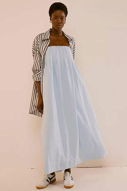 Chic Pleated Square Neck A Line Button Back Cami Summer Maxi Sundress