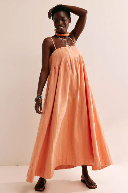 Chic Pleated Square Neck A Line Button Back Cami Summer Maxi Sundress