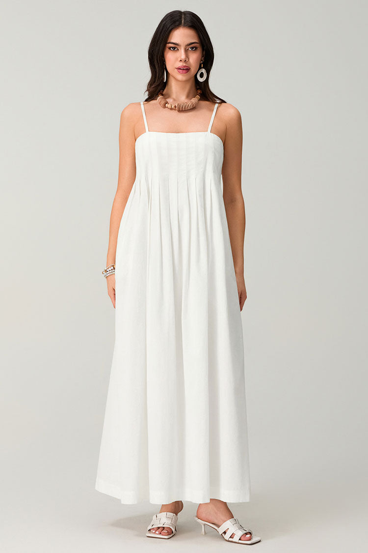 Chic Pleated Square Neck A Line Button Back Cami Summer Maxi Sundress