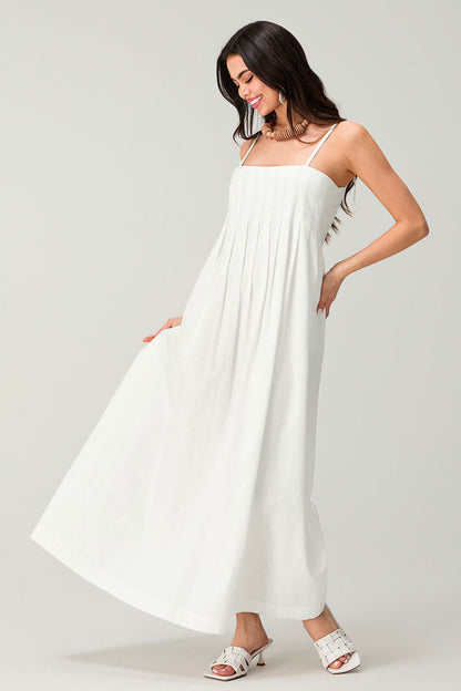 Chic Pleated Square Neck A Line Button Back Cami Summer Maxi Sundress