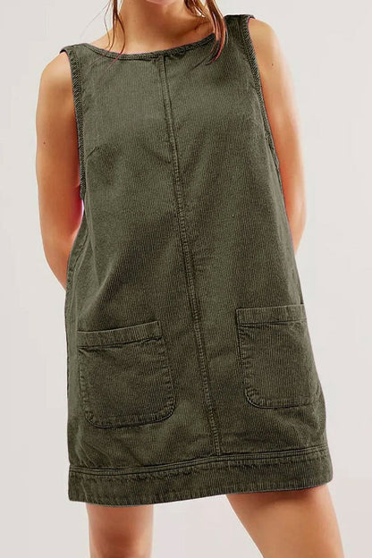 Chic Round Neck Scoop Back Hanky Pocket Corduroy Summer Mini Sundress