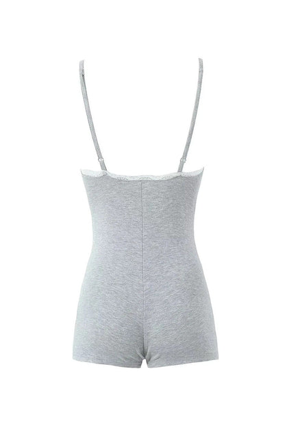 Comfy Lace Scoop Neck Bow Trim Spaghetti Strap Jersey Pajama Romper