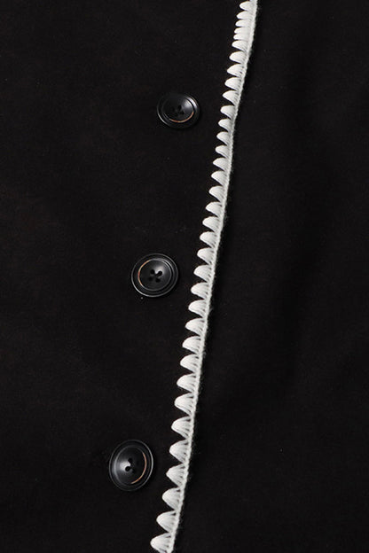 Contrast Embroidered Wrap Scarf Wool Blend Button Up Oversized Overcoat