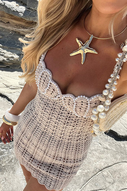 Cute Beaded Sleeveless Scalloped Crochet Knit Beach Vacation Mini Dress
