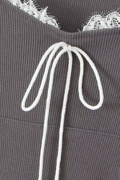 Cute Bow Lace Scoop Neck Kangaroo Pocket Ribbed Crop Hooded Top
