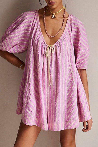 Cute Contrast Printed Bow Tie Neck Puff Sleeve Wide Leg Oversized Romper