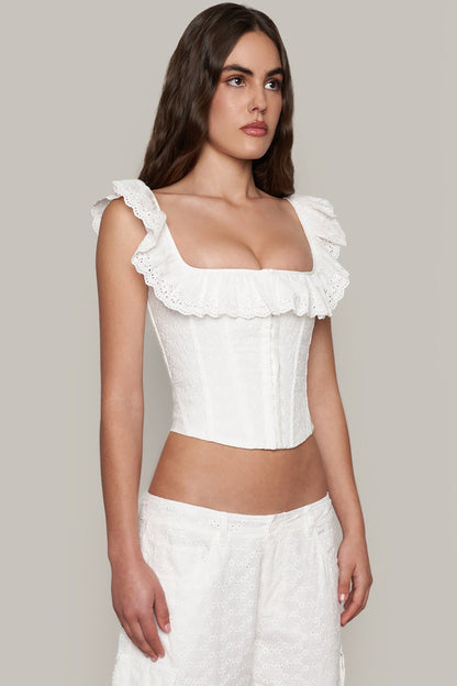 Cute Ruffle Square Neck Hook & Eye Broderie Anglaise Crop Corset Top