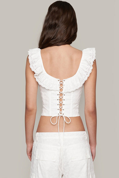 Cute Ruffle Square Neck Hook & Eye Broderie Anglaise Crop Corset Top