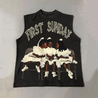 Retro First Sunday Faith Graphic Print Cotton Tank Top - Blavra