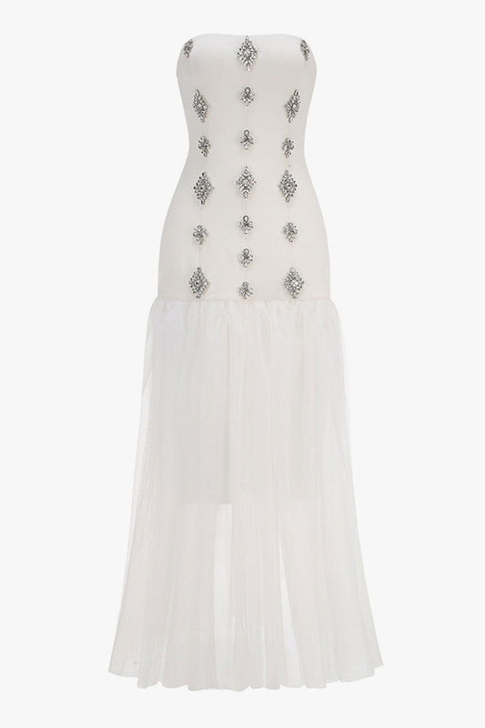 Dazzling Crystal Bandeau Drop Waist Fit & Flare Tulle Evening Maxi Dress