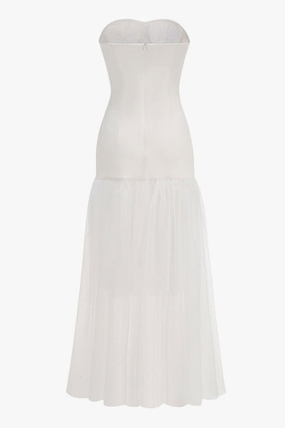 Dazzling Crystal Bandeau Drop Waist Fit & Flare Tulle Evening Maxi Dress