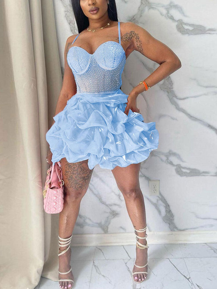 Rhinestone Mesh Ruffle Dress