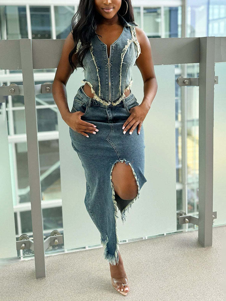 Denim Vest and Skirt Set