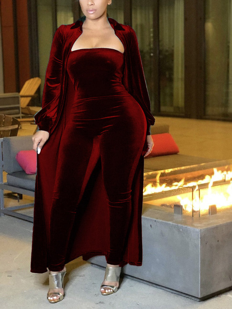 Velvet Cardigan Tube Jumpsuit Set