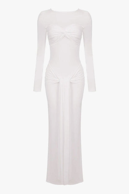 Diva Twist Knot Long Sleeve Draped Gathered Jersey Evening Maxi Dress