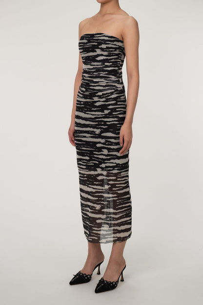 Dynamic Zebra Printed Strapless Ruched Mesh Bodycon Cocktail Midi Dress