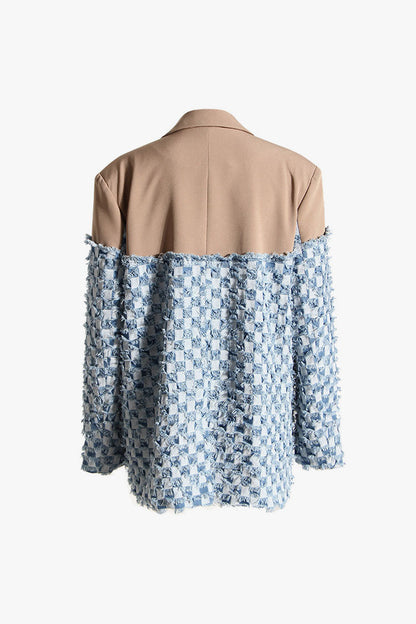 Eclectic Lapel Single Breasted Oversize Frayed Plaid Spliced Denim Blazer