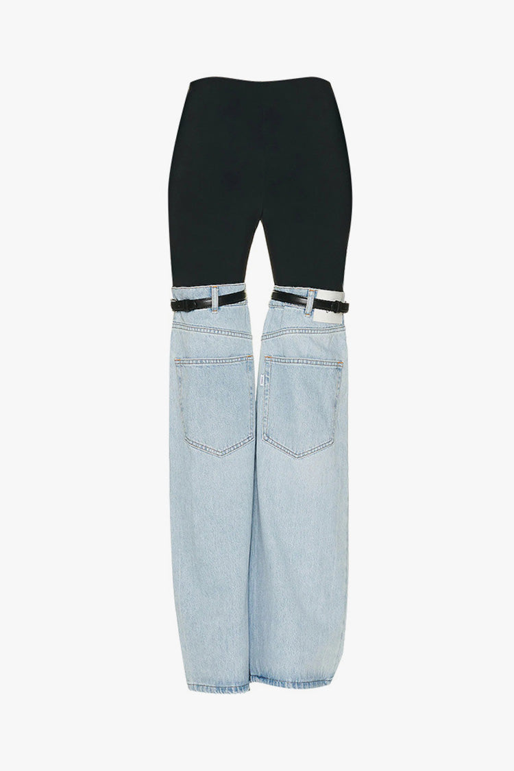 Eclectic Style High Waist Pocket Trim Belted Fit & Flare Spliced Denim Jeans