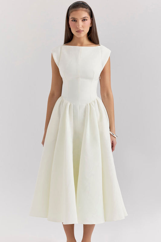 Elegant Boat Neck Cap Sleeve Cutout Back Fit & Flare Cocktail Midi Dress