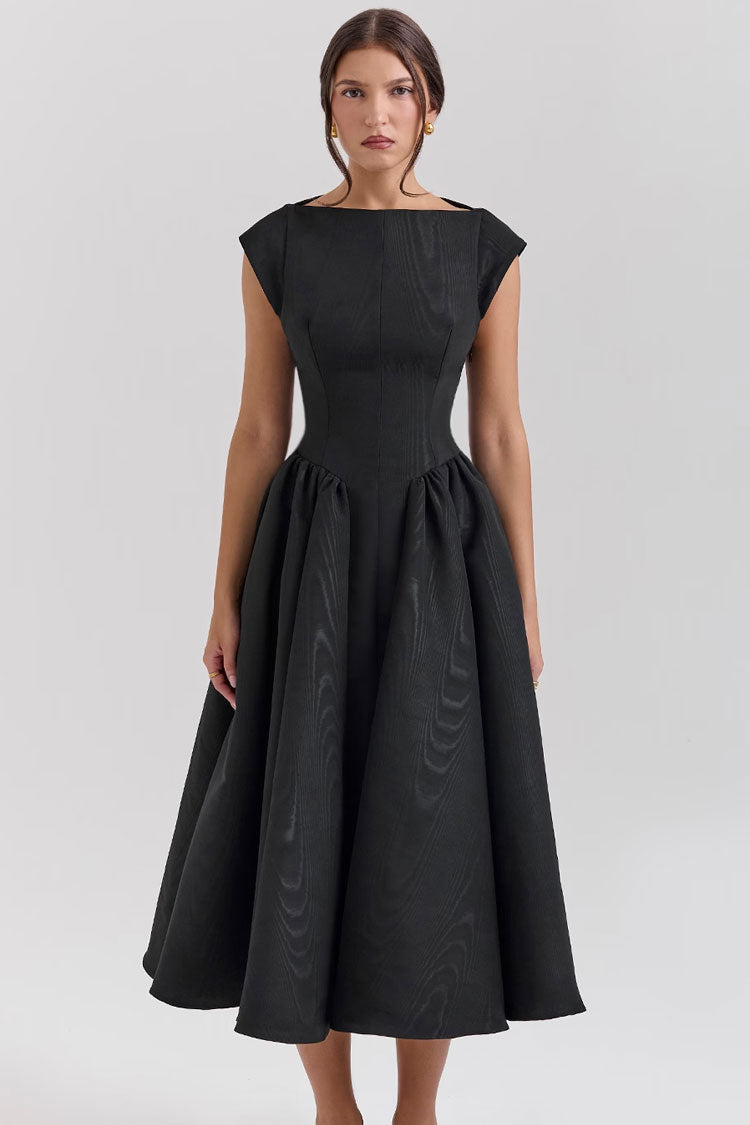 Elegant Boat Neck Cap Sleeve Cutout Back Fit & Flare Cocktail Midi Dress